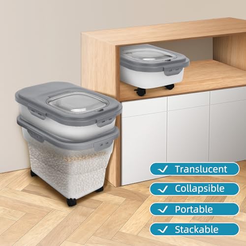 Pet Food Container, Collapsible Dog Food Storage Container with Detachable Casters & Airtight Lid for Keeping Dry Kibbles, With Dog Food Scoop and Measuaring Cups - color: Gray