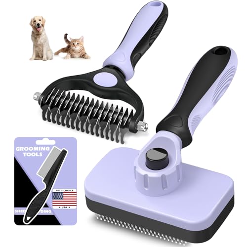 Professional 3PCS Self Cleaning Slicker Brush & Pet Grooming Rake & Flea Comb for Dogs,Cats and Horses | Double-Sided Dematting Comb & Skin Friendly Deshedding Grooming Tool (Light Purple) - color: Light Purple