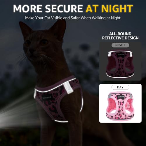 SCENEREAL Cat Harness & Leash Set Escape Proof - Adjustable Air Mesh Vest with Reflective Strips for Kittens, Puppies, Rabbits, Pink Leopard M - color: #2 Pink - Leopard, size: Medium(Fit Chest 12.5-14in)