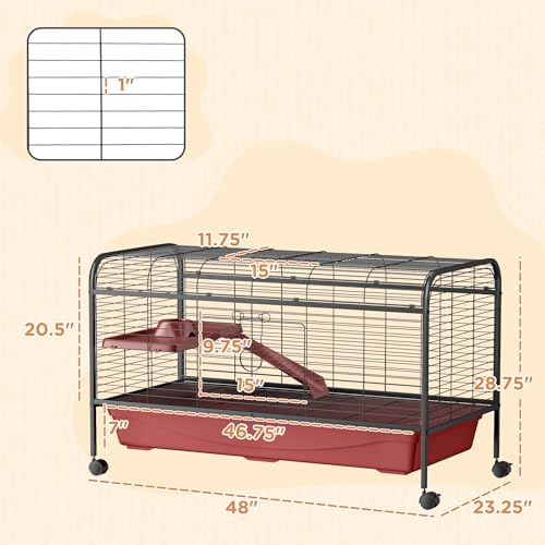 PawHut 48" L Small Animal Cage, Rabbit Hutch, or Ferret Pet Play House with Feeder, Rolling Wheels, Platform, Ramp | Ferret Pet Play House, Platform, Ramp - size: 48.0"L x 23.3"W x 28.8"H