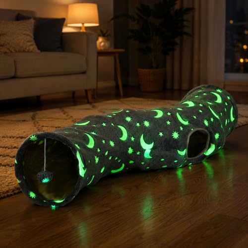 Cat Tunnel Tube with Plush Ball Toys Collapsible Self-Luminous Photoluminescence, for Small Pets Bunny Rabbits, Kittens, Ferrets,Puppy and Dogs Grey Moon Star (S-Shape) - size: S-Shape