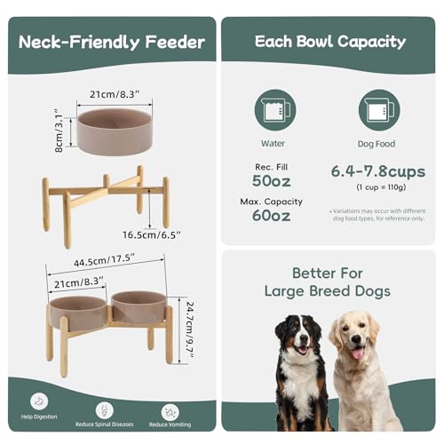 Havniva Elevated Dog Bowls Ceramic Dog Bowls with Stand, Dog Food Bowl | 8.3” Raised Dog Bowls with Non-Slip Wood Stand, Dog Food and Water Bowl Set, Double Dog Feeding Bowls for Large Dogs - color: 2 Bowls+Stand - Brown Coffee, size: 8.3inch