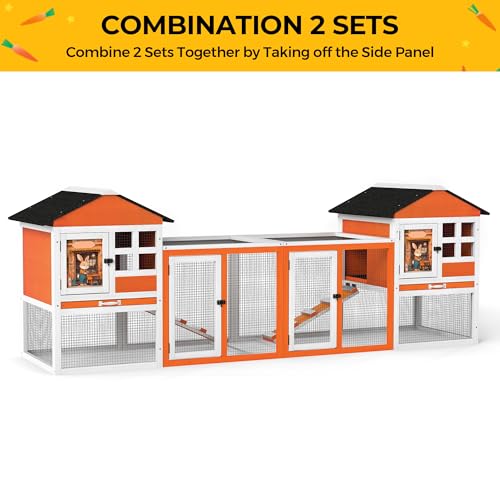 48" L Rabbit Hutch Outdoor Indoor, Expandable 2-Story Large Wooden Bunny Cage with Run, Removale Tray, Top-Opening Waterproof Roof, 2 Doors, DIY Drawing Board, Orange + Colorful Pattern