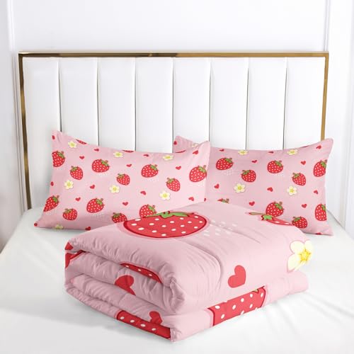 Nttopship Cute Strawberry Comforter Sets，Bedding Sets Twin Size for Kids,Cute Strawberries and Flowers Comforter Sets All Season 1 Comforter and 2 Pillowcases - color: Cute Strawberry, size: Twin