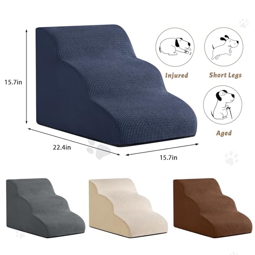 Dog Stairs and Steps for Beds Or Couches, 3-Step Pet Stairs & Steps for Small Dogs and Cats, Soft and Non-Slip Dog Ramp for Older Dogs,Pet with Joint Pain,Easy to Walk | 15.7" H Non-Slip Sturdy Dog Steps with Curved Ramp for Senior,Short-Legged Dogs,Puppy