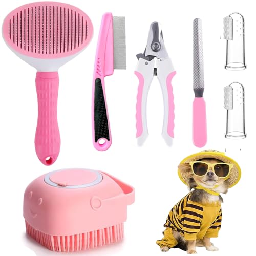 7 Pcs Cat Dog Brush Grooming Kits, Self-Cleaning Slicker Brush, Pet Nail Clipper and File, Flea Comb, Pet Shampoo Bath Brush, Pet Finger Toothbrush, Storage Bag (Pink) - color: Pink