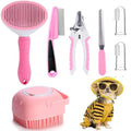 7 Pcs Cat Dog Brush Grooming Kits, Self-Cleaning Slicker Brush, Pet Nail Clipper and File, Flea Comb, Pet Shampoo Bath Brush, Pet Finger Toothbrush, Storage Bag (Pink) - color: Pink