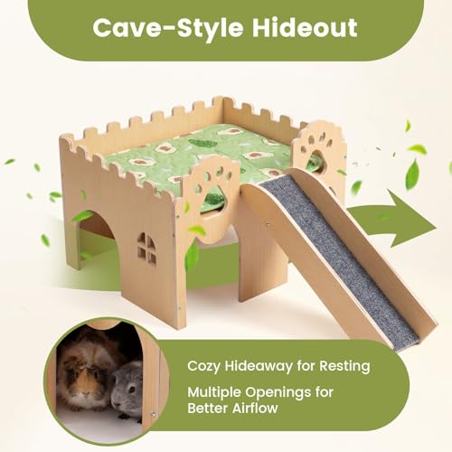 Guinea Pig Castle Extra Large, Sturdy Wooden Hideout House Ventilated Multi-Entry Small Animal Habitat, Easy to Assemble for Guinea Pigs, Bunnies, Hamsters, and Chinchillas