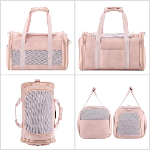 Fashion Dog Carrier Pet Carrier Airline Approved Cat Carrier for Small Dogs Cats Under 15 Lbs, Vegan Leather Collapsible Soft Sided Travel Puppy Carrier - color: Pink