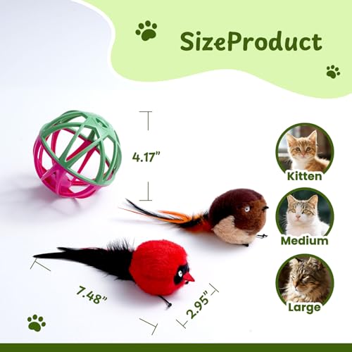 Cat Toys for Indoor Cats - Interactive Ball Cage Cat Toy with Realistic Bird Sounds & 2 Catnip Plush Toys, Motion-Activated Hunting Simulation Toy for Cats - color: Red