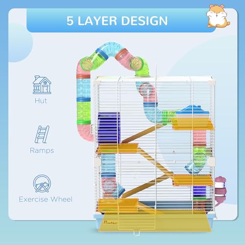 PawHut 18" 5 Tier Hamster Cage with Tubes and Tunnels, Small Animal Cage with Portable Carry Handle, Gerbil Cage with Water Bottle, Food Dish, Exercise Wheel, Light Blue | Small Animal Cage, Portable Carry Handle, Water Bottle, Food Dish, Exercise Wheel -