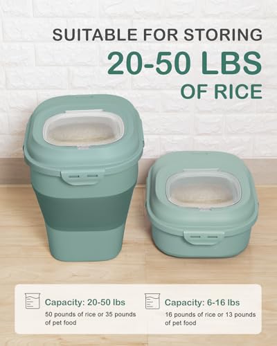 20-50 Lbs Food Storage Containers,Collapsible Rice Container with Wheel Airtight Locking Lid,Flour Storage Container with Small Food Jar and Scoop,Suitable for Food,Rice,Pet Food,Flour - color: Green/20-50LBS