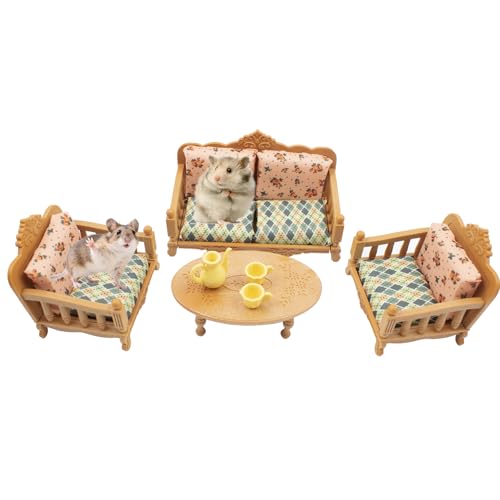 Hamster Mini Sofa Chair, Cage Decor Photo Toys, Fluffy Small Pet Furniture Including Couch and Teatable Tea Cups, Relax Habitat House Accessories