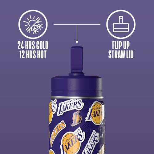 Hydrapeak NBA Officially Licensed Los Angeles Lakers Mini 14oz Kids Stainless Steel Water Bottle with Straw Lid & Flexible Handle, Double Wall Insulated, Spill Proof, Perfect for Back to School - color: Los Angeles Lakers