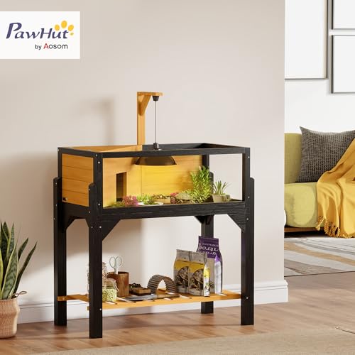PawHut Tortoise Habitat w/Storage Shelf, Clear Windows, Lamp Holder Yellow | Wooden Tortoise Enclosure, Openable Top, Built-in Tray, Reptile Cage for Indoor Outdoor Use - color: Yellow