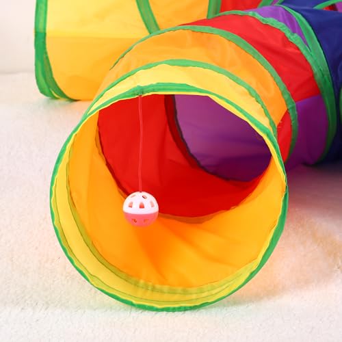 Pet Cat Tunnel, 4 Way Tunnels for Indoor Cats, Collapsible Pet Tunnel for Kitten, Puppy, Rabbit, 25cm-Wide Tunnels, Durable & Breathable, with Peek Hole Toy Ball - color: Angled 4-way Junction Tunnel & Rainbow