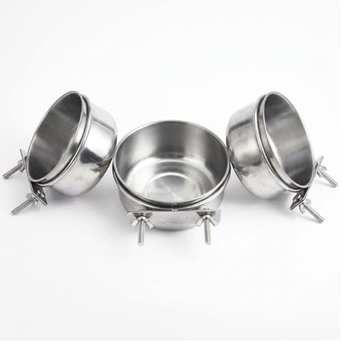 3 Pcs Stainless Steel Bird Feeding Cups with Clamp Holder - Birdcage Food Water Dish Bowls for Cockatiel Parakeet Macaw Finches Lovebirds Small Animals