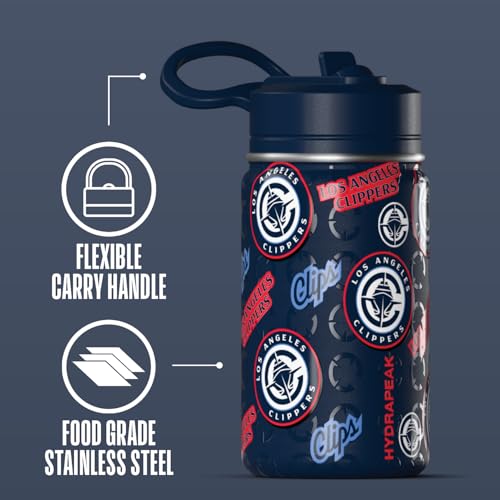 Hydrapeak NBA Officially Licensed Los Angeles Clippers Mini 14oz Kids Stainless Steel Water Bottle with Straw Lid & Flexible Handle, Double Wall Insulated, Spill Proof, Perfect for Back to School - color: Los Angeles Clippers