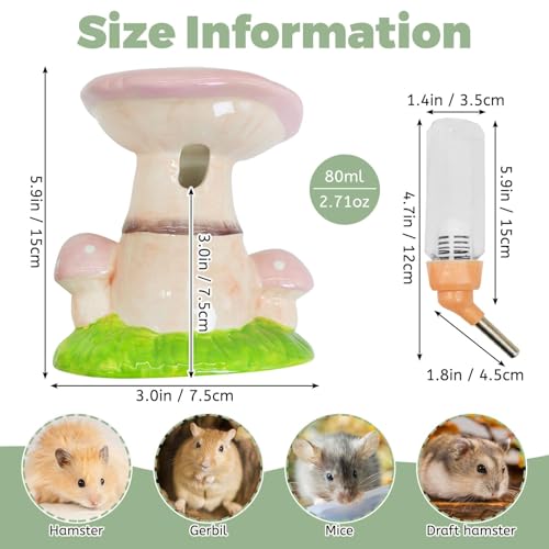 PINVNBY Hamster Water Bottle No Drip Ceramic Automatic Gerbil Water Bottle 80ML Water Dispenser with Mushroom Stand Holder for Gerbils Syrian Hamsters Dwarf Hamsters Mice (Pink) - color: Pink
