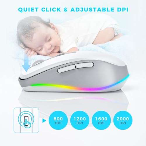 PEIOUS Wireless Mouse Jiggler - Keep Computers Awake, White & Grey | Rechargeable LED Mouse, Silent Clicks, Adjustable DPI and Random Movement Keep Computers Awake for Laptop/PC/Mac - color: White & Grey