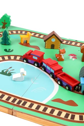 Imagine & Play Nature Explorer – 17 Piece Wooden Train Set with Foldable Carrying Board, Forest Animals & Bridge – Toddler Toys, Train Toys, Toys for Kids Boys & Girls 3+, Gifts for 3 Year Old Boys
