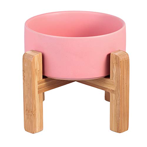 Pink Ceramic Elevated Raised Cat Bowl with Wood Stand No Spill Pet Food Water Feeder Cats Small Dogs - color: Pink, size: Medium Dog Bowls 850ML*1