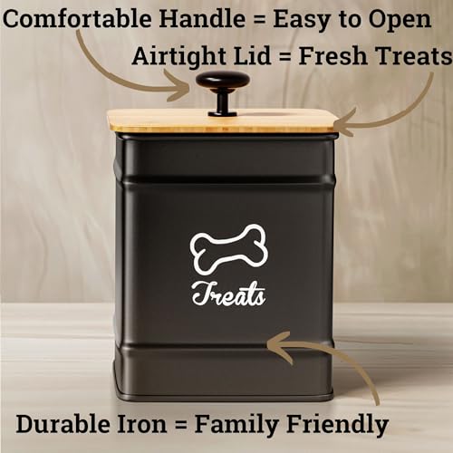 Dog Treat Container with Airtight Bamboo Lid, 5"W x 7"H, 7 Cup Capacity | Fits Most Popular Treats, 7 Cups Capacity, Airtight Bamboo Lid, Easy Open Metal Lid Handle, Dent-Resistant Durable Metal - color: Black - Small