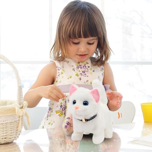 Easfan White Walking Kitty Cat Plush Interactive Toy for Kids 7.5" | Meowing Tail wagging head nodding, electronic animated kitten pet, birthday holiday gift, for toddlers - style: White Cat