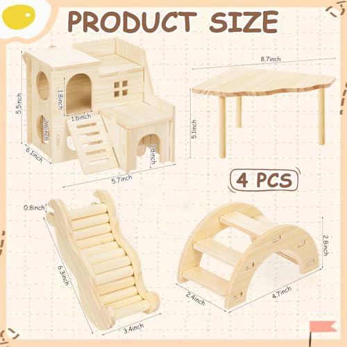BreezeHug 4 Pcs Hamster Cage Accessories Hamster Platform Hideout Wooden Tunnel Ladder Playhouse Game Climbing Toy with Platform for Pets Dwarf Syrian Mice Degus Gerbils Squirrel(Villa) - style: Villa