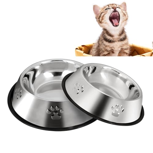 YUDANSI 2 Stainless Steel Dog Bowls, Puppy Cat Feeding Bowls, Shallow Cat Dish with Rubber Base, Mini and Small Pet Feeder Food Water Plate (XS-6oz) - size: XS-7oz