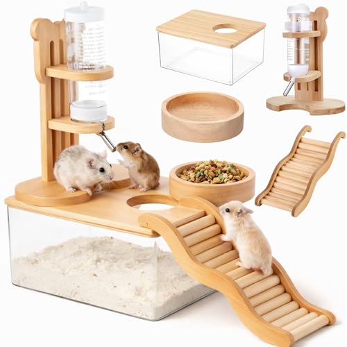 4 Pcs Hamster Cage Accessories Water Bottle Set,Rectangle | Hamster Sand Bath Box Feeding Bowl Climbing Toy Wooden Ladder Bridge Set for Rat Mice Small Animals Habitat Decor Enrichment