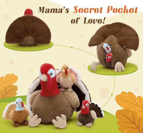 Thanksgiving Turkey Stuffed Animal with 3 Babies, 14" Fall Plush | 4Pcs Mother & Baby Turkey Plushies; Zipper Head Storage; Harvest Home Tabletop Decoration; Birthday & Christmas Gift for Kids - style: Turkey Red
