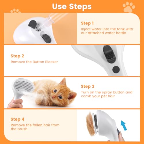 Pet Steam Brush for Dog & Cat, 4 in 1 Self Cleaning Cat Steam Brush for Shedding, Mist Spray Hair Removal Comb for Long Haired Pet Grooming, Effectively Prevents Flying Fur and Reduce Static - color: Off-white