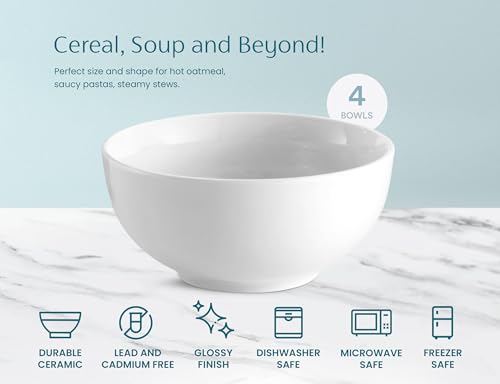 KooK Ceramic Cereal Bowls, Microwave, Dishwasher and Freezer Safe, Porcelain Dishes for Soup, Pasta, Salad, Oatmeal, Deep Interior, 24 oz, Marshmallow White (4) - color: Marshmallow, 4 Pack