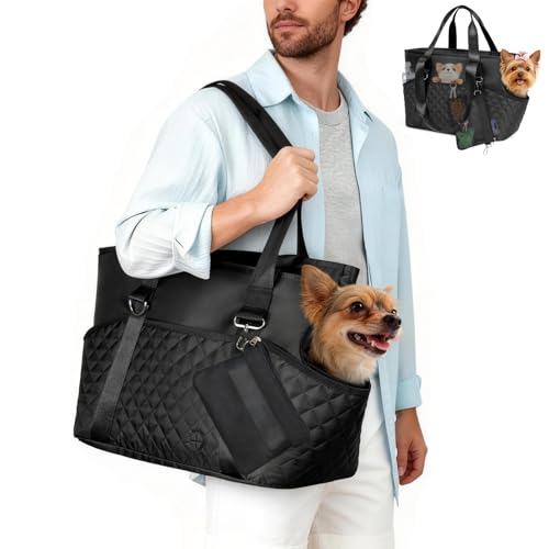 YUDODO 4-12lbs Dog Purse Carrier, Lightweight Small Dog Carrier with Large Pockets & Treat Pouch, Collapsible Pet Travel Carrier Puppy Cat Rabbit, Black, Purse+Treat Pouch