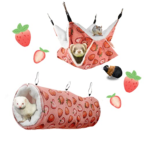 LYART Guinea Pig Rat Ferret Hammock and Warm Bed Small Pet Hideout Tunnel Cave Hanging Bunkbed Hammock Cage Toy for Hamster Sugar Glider Squirrel (3.Hammock & Tunnel) - color: 1.Hammock & Tunnel