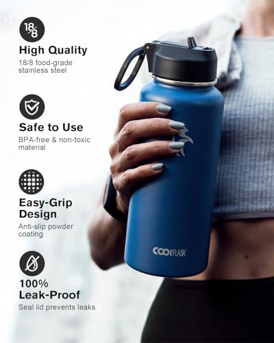 Coolflask 32 oz Water Bottle Insulated with Straw & 3 Leakproof Lids | Water Flask Stainless Steel Triple-Wall Vacuum,Cold 48+h, Dishwasher Safe,Wide Mouth,BPA-Free,Carrier Bag,for Gym,Hiking - color: King's Blue, size: 32 Ounces
