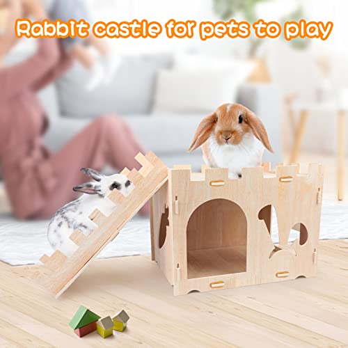 BWOGUE XL Wooden Rabbit Hideout Castle, Bunny House Wood for Small Animals | Extra Large Wooden Bunny Hideout, Wooden Rabbit Hideaway, 2-Story Castle with Ladder, Dual Doors, Detachable for Storage - style: Modern
