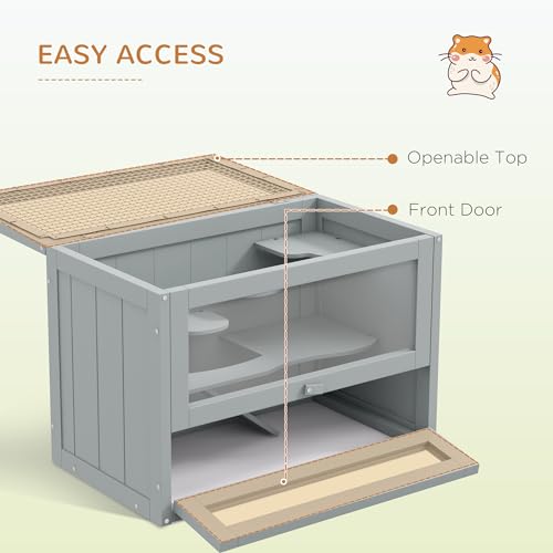 PawHut 2-Level Hamster Cage, Mouse Cage for Chinchillas, Gray | Mice and Rat House, Small Animal Habitat, Front Door, Shelf, Ladder, Openable Top - color: Gray