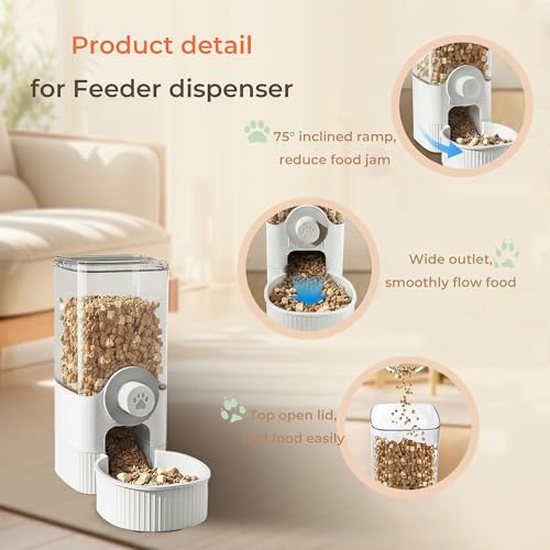41 oz Hanging Gravity Feeder for Small Animals, Rabbits & Guinea Pigs | Adjustable Cage Height | No-Open-Cage Refill | Space-Saving | Clear Reservoir | Versatile Food Compatibility - color: White