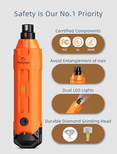 6-Speed Dog Nail Grinder& 3 Grinding Heads with 2 LED Lights | Super Quiet (45 db) Pet Nail grinder 12000RPM & 3 Grinding Ports with Dust Cap Dog Nail Trimmer for Large Medium Small Dogs - size: Orange+3 Heads