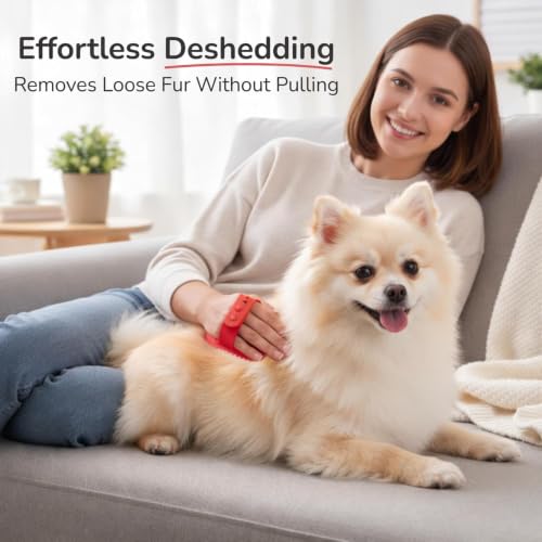 Pets&Goods Rubber Pet Grooming Brush for Dogs & Cats – Bath & Deshedding Brush with Custom-Fit Hand Straps – Soft Silicone Bristles for Short & Medium Hair – Anti-Slip, Easy to Clean - color: Red