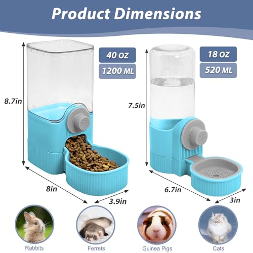Fhiny Rabbit Food & Water Dispenser, Large Capacity Gravity Guinea Pig Feeder and Waterer Set for Cage Hanging Automatic Bunny Feeder for Bunny Guinea Pig Chinchilla Ferret Cat Puppy - color: Blue