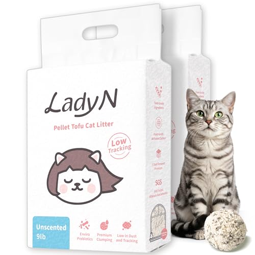 Lady N Pellet Tofu Cat Litter, Strong Clumping, Low Tracking Unscented 18lb | Ultra Absorbent, Dust-Free, Water-Soluble, Natural Ingredients, Enviro-Probiotic, Activated Carbon Odor Control - size: 9lb x 2bags