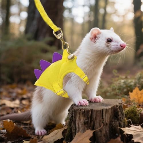 Ferret Harness and Leash Set Dinosaur Shaped Guinea Pig Leash Adjustable Hedgehog Rat Harness Small Pet Clothes for Chicken Rabbit Guinea Pig Teacup Chihuahua Mouse Bunny (Yellow)
