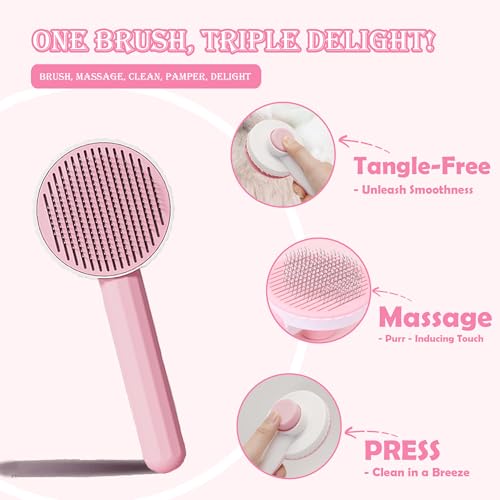 Self Cleaning Cat Brush for Shedding, LED Light Nail Clipper and Nail File | Slicker Brushes and Nail Trimmer for Long Haired Cats, Grooming Kit, Cat Lover Gifts - color: Pink