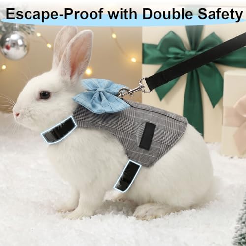 Hypeety Bunny Harness and Leash Set Adjustable Escape Proof Vest, Grey, M | Lightweight, soft small pets walking vest, for rabbits/guinea pigs, with cute bow, formal suit style, for Christmas/Halloween - color: Grey, size: M