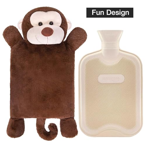 HomeTop Premium Classic Rubber Hot Water Bottle with Triceratops Cover | Natural rubber hot water bottle,Long-lasting heat retention,Snuggly all-night warmth - color: Cream White/Monkey