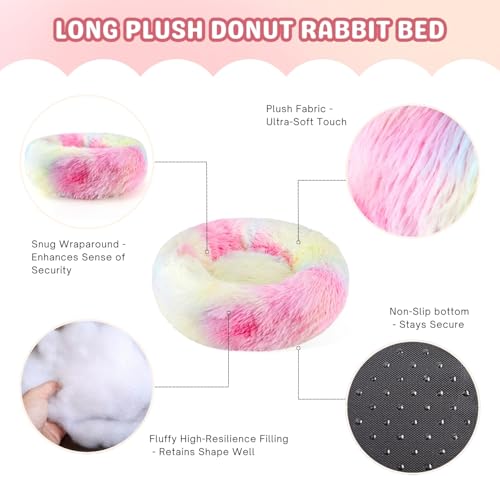 Rabbit Bed, Long Plush Donut Shaped Washable Bunny Hideout Soft Pet Bedding Mat for Guinea Pig, Kitten, Chihuahua & Small Pets for Snuggling Resting - Rainbow - color: Rainbow