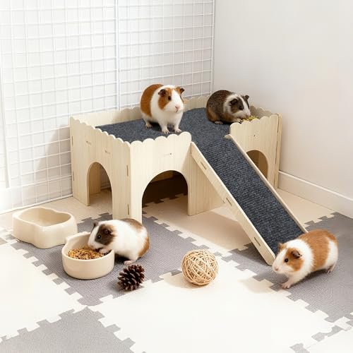 Guinea Pig Hideout, Wooden Small Animal Castle Habitat with Stairs, Hamster Bunny Chinchilla Hideaway Hut for Playing Hiding, Beige, Black, 1 Set